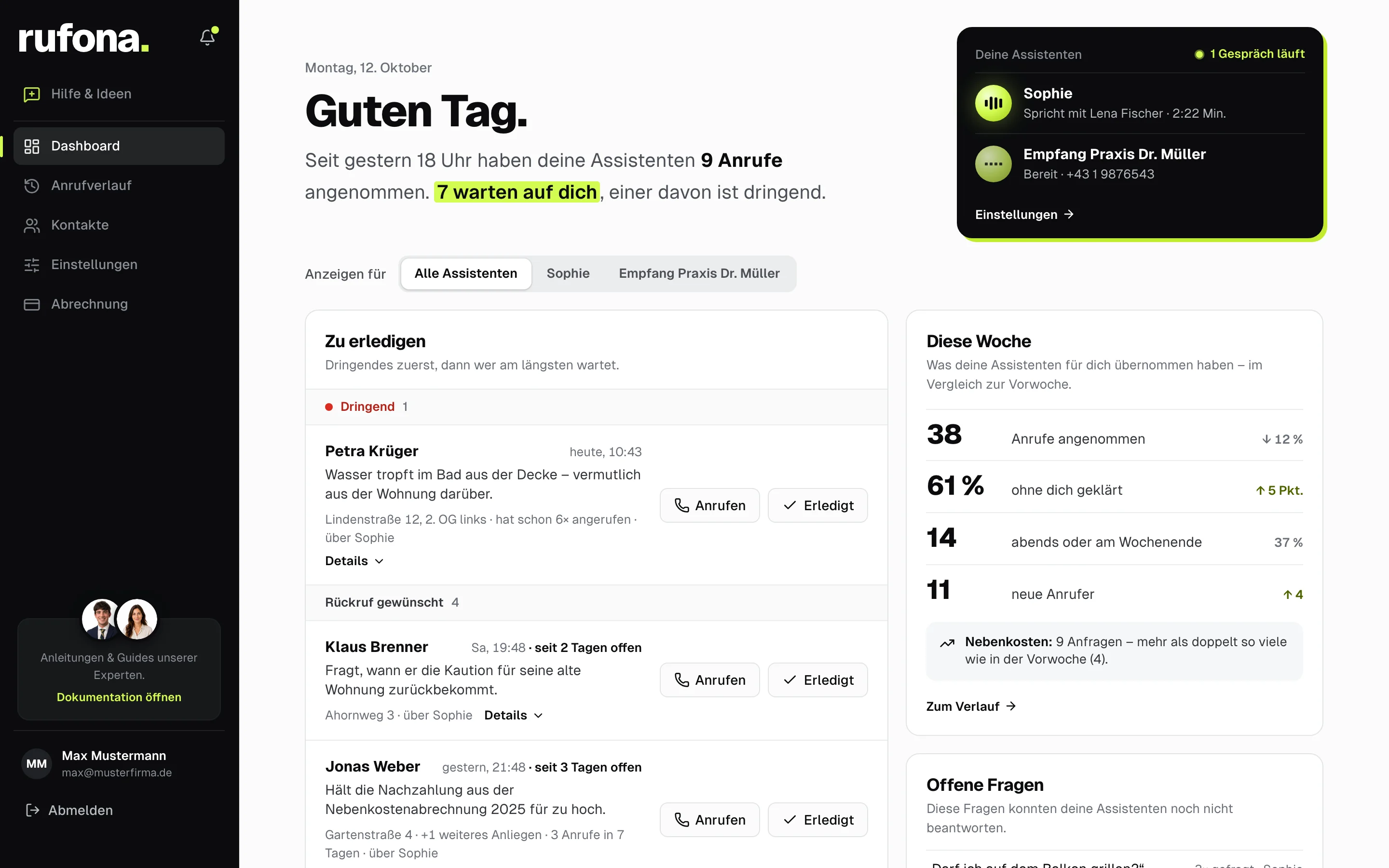 Rufona-Dashboard: Startseite mit „Zu erledigen“ (dringende Anliegen und Rückrufwünsche) und der Wochenübersicht